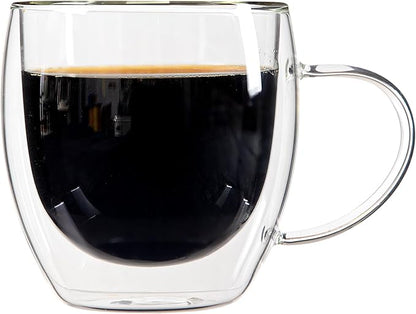 Restaurantware-Forma Professional 8.5 Ounce Glass Coffee Cups, 12 Insulated Coffee Cups With Handle - Dishwashable, Reusable, Clear Double Wall Beverage Tumblers, Freezable, For Hot Or Cold Beverages