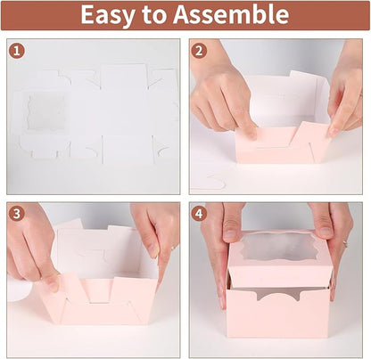 150pcs Pink Small Cake Box,4x4x2.5 Inch Bakery Boxes with Window,gift boxes bulk for Mini Cake Pastry Dessert Strawberries Chocolates Cupcakes with Stickers