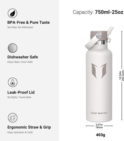 Super Sparrow Insulated Water Bottle - 17 Oz / 25 Oz / 32 Oz - Standard Mouth FlipFlow Flask - BPA Free, Leak Proof Drink Bottle- Ergonomic Straw Water Bottles for Work, Gym, Travel, Sports