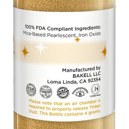 Bakell - Bright Gold Tinker Dust (4g, 1x Mini Spray Pump) Edible Glitter for Food, Desserts, and Beverages!