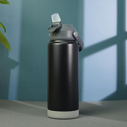 BJPKPK Insulated Water Bottle with Straw Lid, 18oz Thermos Water Bottles with Soft Nozzle, Flex Handle & Non-slip Boot, BPA Free Leak Proof Stainless Steel Metal Thermos, Tumblers, Cups,Black