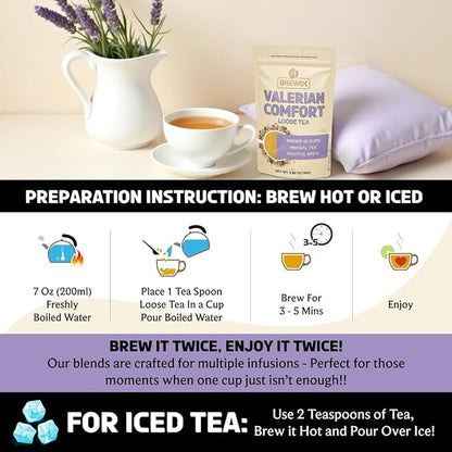 BREWIX, Valerian Comfort Tea for Sleep and Relaxation (40+ Cups, 2.82oz/80g) Caffeine-Free and Calming for Bedtime | Valerian Root, Chamomile & Lavender | Perfect Wellness Sleep