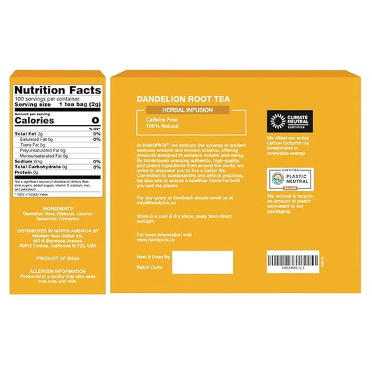 HANDPICK, Dandelion Root & Leaf Tea Bags (100 Herbal Tea Bags) Caffeine-Free Herbal Blend | Eco-Conscious Teabags | Direct from Source