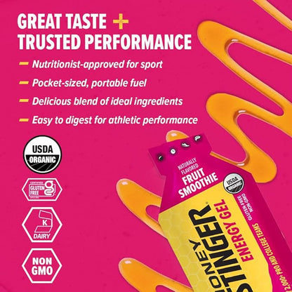 Honey Stinger Organic Fruit Smoothie Energy Gel, Gluten Free & Caffeine Free, for Exercise, Running and Performance, Sports Nutrition for Home & Gym, Pre & Mid Workout, 24 Pack, 26.4 Ounce