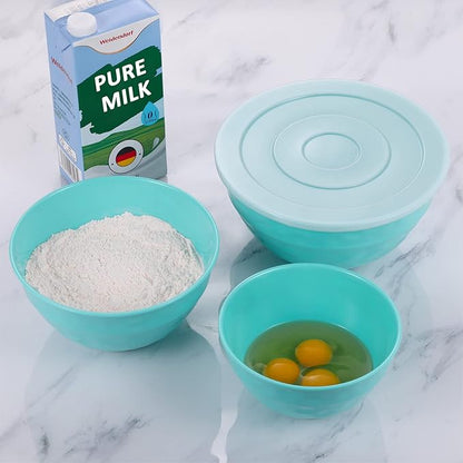 TP Mixing Bowl Set with Lids, 6-Piece Melamine Nesting Bowls Set for Pasta Baking Salad Mixing, Set of 3, Glossy Turquoise