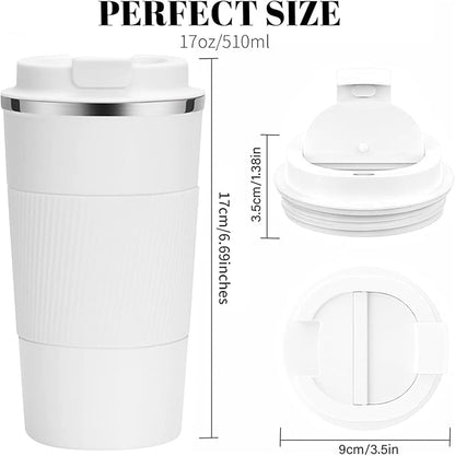 YINBAOGE Insulated Travel Coffee Mug Spill Proof Leak Proof Pobtable To Go Camping Stainless Steel Coffee Tumbler Reusable Coffee Cups with Lids Thermos for Hot and Cold Drink (White, 17 OZ)