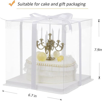XININSUN 6Pcs clear cake boxes with Ribbon, 6inch cake boxes for Christmas Bakery Treat,Holiday Pastries,Gift Giving-White