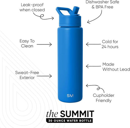 Simple Modern Water Bottle with Straw Lid | Vacuum Insulated Stainless Steel Metal Thermos | Reusable Leak Proof BPA-Free Flask for Sports Gym | Summit Collection | 30oz, Supersonic Blue