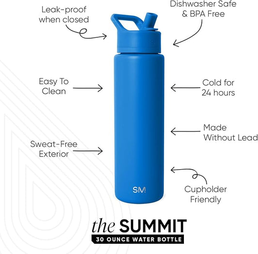 Simple Modern Water Bottle with Straw Lid | Vacuum Insulated Stainless Steel Metal Thermos | Reusable Leak Proof BPA-Free Flask for Sports Gym | Summit Collection | 30oz, Supersonic Blue