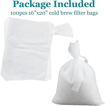 Yzurbu 100pcs 16''x20'' Cold Brew Coffee Filter Bags, No Mess Disposable Filter Bag with Straps for Coffee Shop 5-Gallon Systems