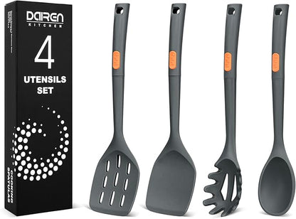 Silicone Spatulas and Spaghetti Spoons, 4 Pack Heat Resistant Full Silicone Cooking Utensils Set, Non Stick Large Kitchen Spatula Spoons for Cooking, Mixing, Serving, Draining