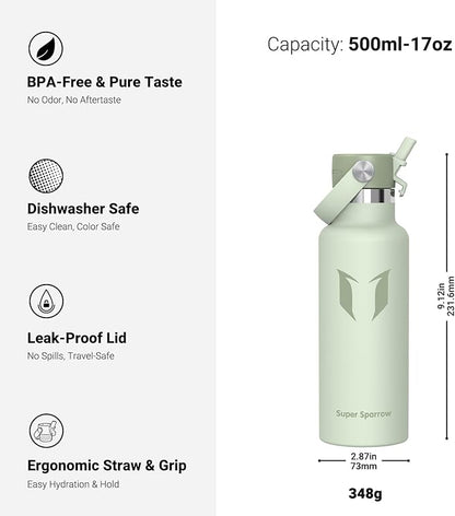 Super Sparrow Insulated Water Bottle - 17 Oz / 25 Oz / 32 Oz - Standard Mouth FlipFlow Flask - BPA Free, Leak Proof Drink Bottle- Ergonomic Straw Water Bottles for Work, Gym, Travel, Sports