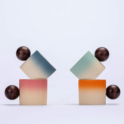 Ceramic Mini Espresso Cups Demitasse Cups with Round Wooden Handle Vertical Stripes Tea Cups (Beige&Green, 2pcs)