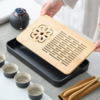 LURRIER Gongfu tea sets, Portable Ceramic TeaSet, Asian Tea sets for adult, Tea Gift sets, Grey leather case, Portable Travel Bag,Home,Gifting,Outdoor and Office(Black)