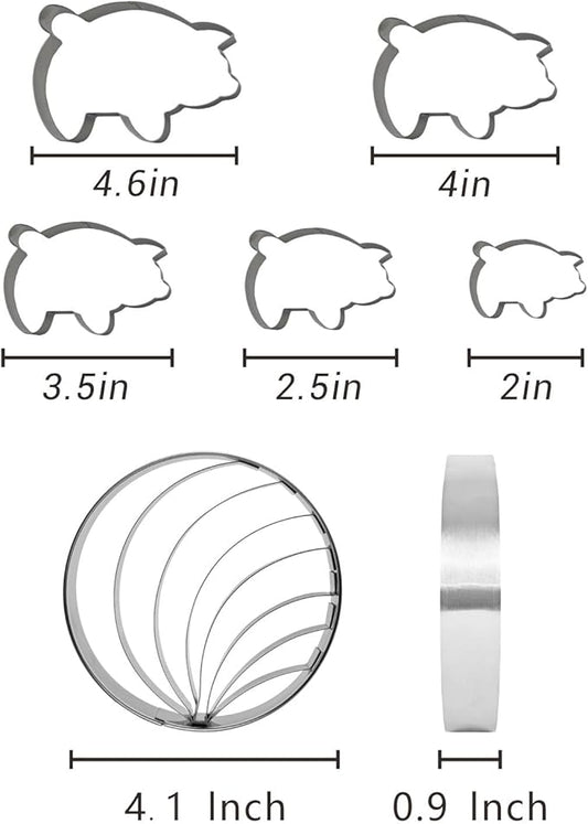 Concha Cutter Mexican bread mold with 5 sizes of pig biscuit cutting machine set, Concha Stamp double-sided mold for baking biscuits (Single sided mold+5 pigs)