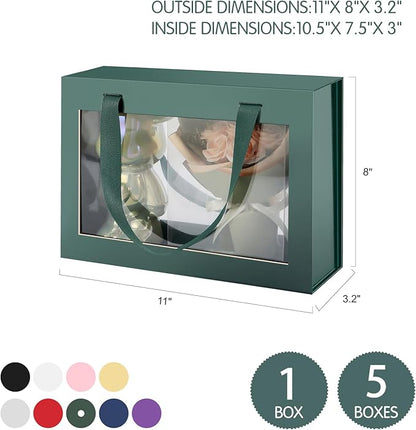 JINGUAN 5 Green Gift Boxes with Windows, Lids, and Handles - Clear Magnetic Gift Boxes for Presents - Size: 10.5x7.5x3 Inches