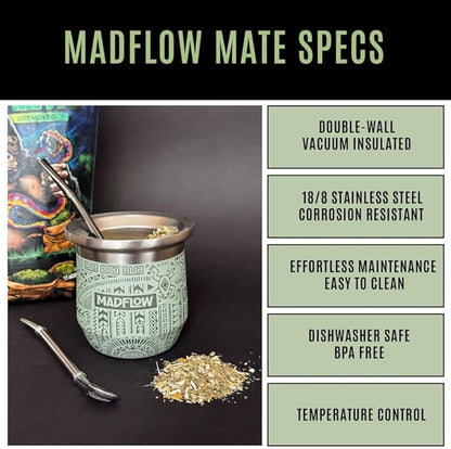 MADFLOW Yerba Mate Cup. Stainless Steel Mate Cup with 2 Bombillas. Double Wall Vacuum Insulated Yerba Mate Gourd. Unique Mate Cup And Bombilla Set