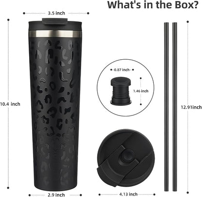BJPKPK 34oz Insulated Tumbler With lid And Straw Stainless Steel Tumblers Travel Coffee Mug Reusable Thermal Cup,Black Leopard