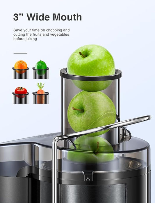 Juicer Machine, 800W Centrifugal Juicer Extractor with Wide Mouth 3” Feed Chute for Fruit Vegetable, Easy to Clean, Stainless Steel, BPA-free (Metallic Black)