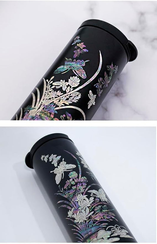 Mother of Pearl Design Stainless Steel Water Bottle 17 oz Leakproof Screw Cap Wide Mouth Double Wall Vacuum Insulated Travel Sport Water Flask Thermo Mug (Orchid Flower)