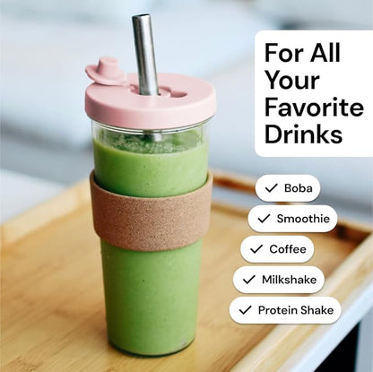 Dodoko Reusable Boba Cup with Straw - Iced Coffee & Smoothie Tumbler 24 oz - Bubble Pink