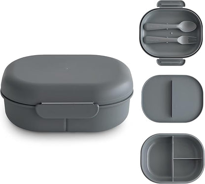 mushie Kids Bento Lunch Box | 3-Compartment & Removable Divider + Fork & Spoon Utensils | Great For Meals, School, Snacks On-the-Go | Dishwasher Safe (Smoke)