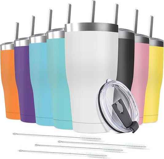 8 Pack 30oz Stainless Steel Tumblers Bulk Reusable Travel Mugs with Lid, Double Wall Powder Coated Coffe Cup for Home, Office, Outdoor Suitable for Vehicle Cup Holders