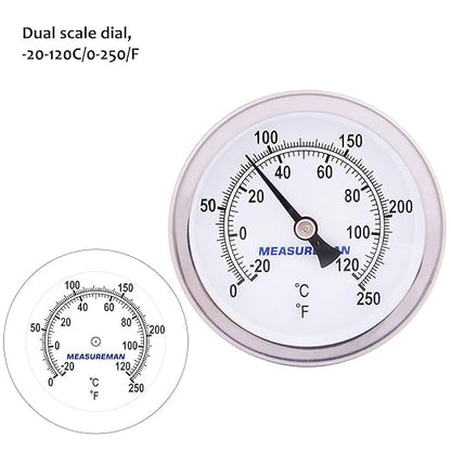 MEASUREMAN Hot Water Bi-Metal Thermometer, 2-1/2" Dial, 1-3/4" Lead-Free Brass Stem, Range 0-250 deg F/-20-120 deg C, 2% Accuracy, Adjustable, 1/2" NPT Back Mount（2 Pack