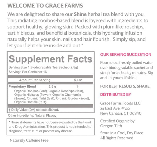 Grace Farms SHINE Wellness Organic Tea Blend (16 Pyramid Sachets) | Hydrating Tea For Skin and Detox | Rooibos, Rosehips, Hibiscus, Tulsi, and Haritaki | Fairtrade and Kosher | Gives Back 100% of Profits