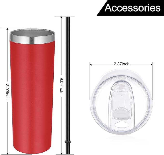 VEGOND 20 oz Stainless Steel Skinny Tumbler with Lids and Straws, 20oz Double Wall Insulated Slim Tumbler Cup for Cold Hot Drinks, Red 1 Pack