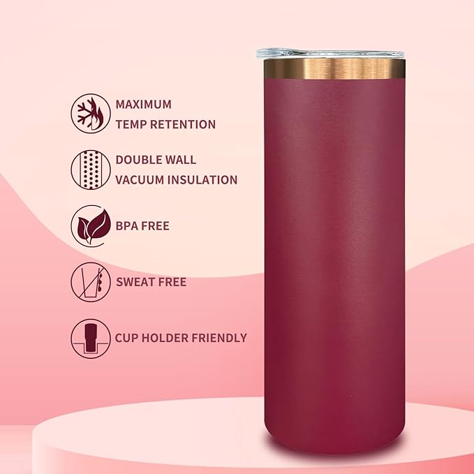 20 oz Skinny Tumblers Bulk 4 Pack, Stainless Steel Insulated Tumbler with Lids and Straws, Slim Double Wall Powder Coated Travel Coffee Mugs Reusable Cup for Hot Cold Drinks (Red,4 pack)