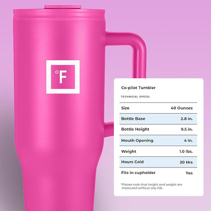 IRON °FLASK Co-Pilot Insulated Mug w/Straw & Flip Cap Lids - Cup Holder Bottle for Hot, Cold Drink - Leak-Proof - Water, Coffee Portable Travel Mug - Pink Tulip, 40 Oz