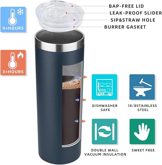 HASLE OUTFITTERS 20 oz Skinny Tumblers Bulk Set, Stainless Steel Insulated Slim Tumblers with Lids, Reusable Double Wall Travel Coffee Mugs, Durable Powder Coated Travel Water Cups(Navy, 12)