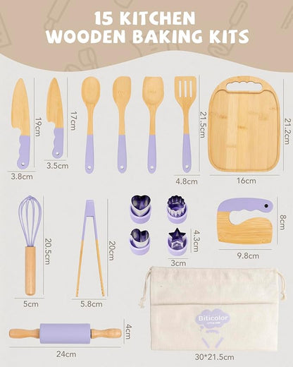 Wooden Kids Cooking Set Montessori Kit - Real Toddler Kitchen Tools & Baking Utensils - 15PCS Cooking Kit for Kids with Storage Bag, Great Gift for Pretend Play & Montessori Learning (Purple)