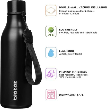 BJPKPK Insulated Water Bottles, 18 oz Stainless Steel Metal Water Bottle with Strap, BPA Free Leak Proof Thermos, Mugs, Flasks, Reusable Water Bottle for Sports & Travel, Black