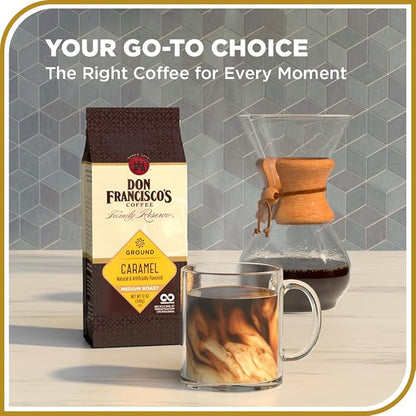Don Francisco's Caramel Ground Coffee, Medium Roast – Flavored 100% Arabica, 12 oz Bag, Premium Coffee for Drip, Pour Over & French Press