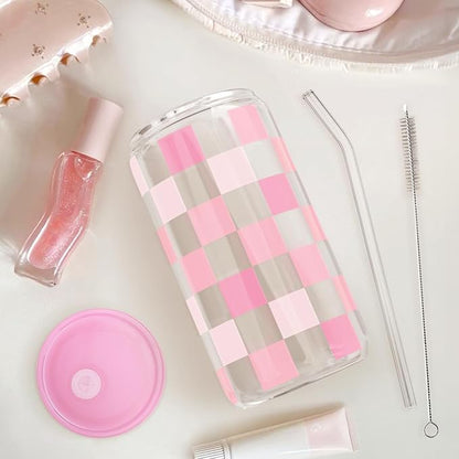 Checker 16 Oz Can Glass Tumbler with Acrylic Lid and Straw - Iced Coffee Cups for Women, Aesthetic Glass Cup Gift for Birthday Christmas