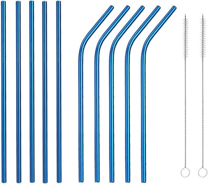 10 Pcs Stainless Steel Straws, Reusable Drinking Straws, 5 Straight + 5 Bent Metal Straws Set With 2 Pcs Cleaning Brushes (Blue, 10.5 Inch)