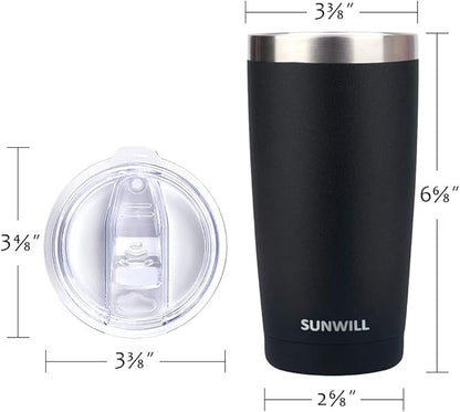 SUNWILL Travel Coffee Mug with Lid, 20 oz Tumbler Set of 2, Insulated Stainless Steel Cup for Water, Tea, Ice, Powder Coated Black 2 pack