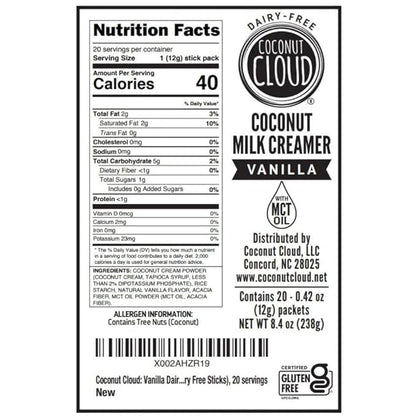 Coconut Cloud: Dairy-Free Coffee Creamer | Minimally Processed, Shelf Stable. Made from Coconut Powdered Milk. | Vegan, Gluten Free, Non-GMO. (Home, Office, Travel), Creamers (Vanilla - 20 Sticks)
