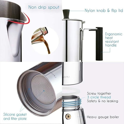 Easyworkz Pedro Stovetop Espresso Maker 4Cup 200ml Stainless Steel Italian Coffee Machine Maker Moka Pot Induction Espresso Pot