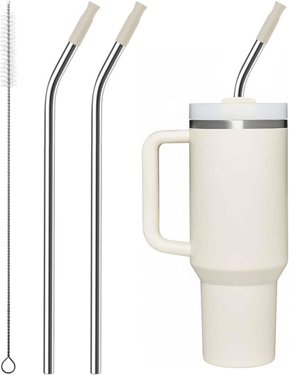 Repeatable Metal Straw with Silicone Tips for 40 oz Stanley Tumbler, 2 Pcs 40 oz Stainless Steel Straws Replacement for Stanley Tumbler, 1 Straw Brush, BPA Free（Cream Grey）