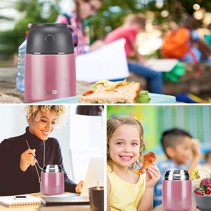 Insulated Food Jar for Hot & Cold Food for Kids Adult,17 oz Soup Thermo Hot Food Containers for Lunch, Triple Layer Insulation Stainless Steel Food Jar with Spoon (Pink)