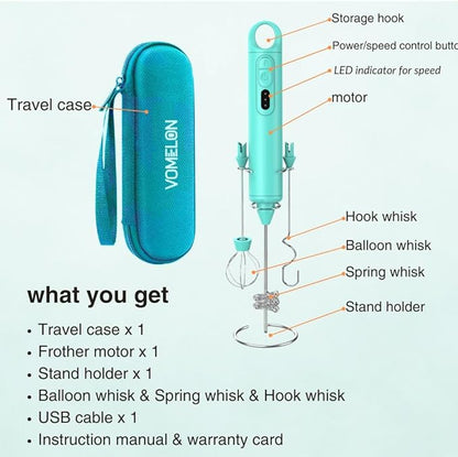 Rechargeable Milk Frother Handheld 3 Speed Coffee Foamer [3 Whisk] Electric Drink Mixer for Latte, Cappuccino, Coffee, Eggs, Hot Chocolate, Mint