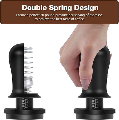 PUSEE 53.3mm Espresso Coffee Tamper with Double Spring Calibrated, Handle Tamper 30lbs Pressure with Titanium Coating Stainless Steel Ripple for Espresso Machine Accessories 53.3mm Tamper, Black