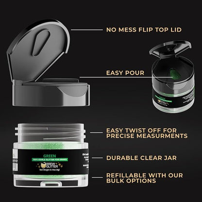 Brew Glitter Green Edible Drink Glitter 1x 4g Jar for Cocktails, Beer, & Beverages