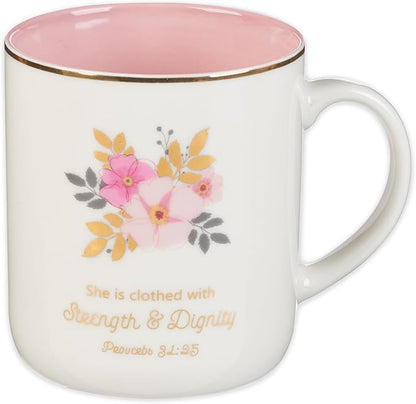 Christian Art Gifts Pink Ceramic Coffee Mug with Gold Rim – 14 oz. Lead and Cadmium-free Inspirational Scripture Coffee and Tea Mug for Women with Bible Verse: Strength and Dignity – Proverbs 31:25