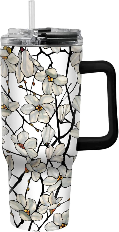RainCaper 18/8 Stainless Steel Insulated Water Tumbler with Straw | 30oz, BPA-Free, Double Wall for Hot & Cold | Travel-Friendly, Cup Holder Ready (Tiffany Magnolia)
