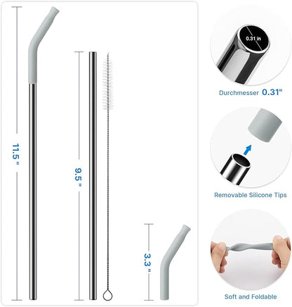 Metal Straw with Silicone Tip for 30oz Stanley Cup, 2 Pcs Stainless Steel Straws Replacement for Stanley 30 oz Adventure Quencher Travel Tumbler Cup, 1 Straw Brush (Light Gray)
