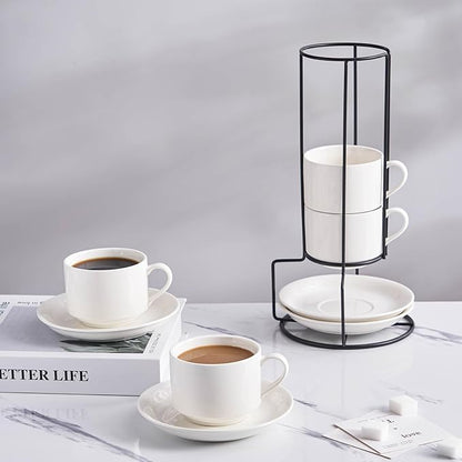 YOLIFE 8oz Porcelain Stackable Cappuccino Cups with Saucers and Metal Stand Set of 4, Coffee cups for Espresso, Specialty Coffee Drinks, Latte, Americano and Tea - White